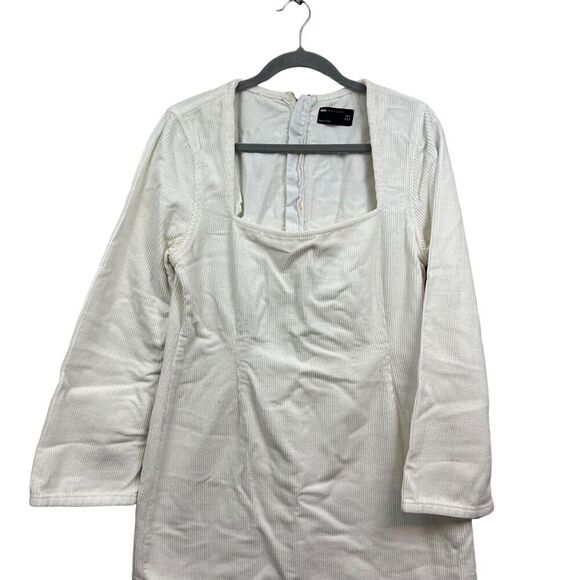 ASOS Design Womens‎ Corduroy Sheath Dress Square Neck Long Slit Sleeves Cream 12 - Picture 2 of 5